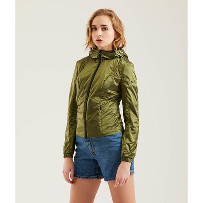 Side view of the Green Polyamide Women's Jacket with a comfy and feminine fit