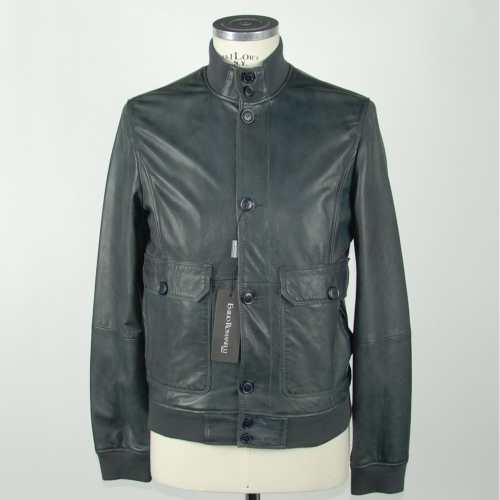 Elegant blue leather jacket for men by Emilio Romanelli, made with 100% leather 
