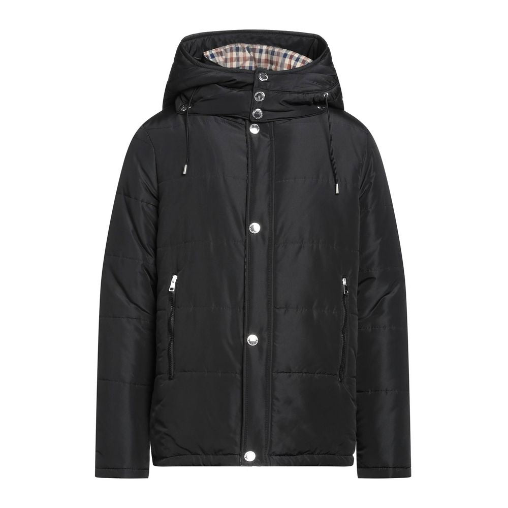 Aquascutum Elegant Black Jacket with Removable Hood front view