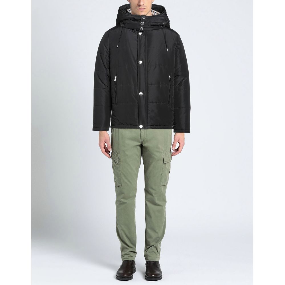 Sleek black jacket with removable hood and tartan pattern interior