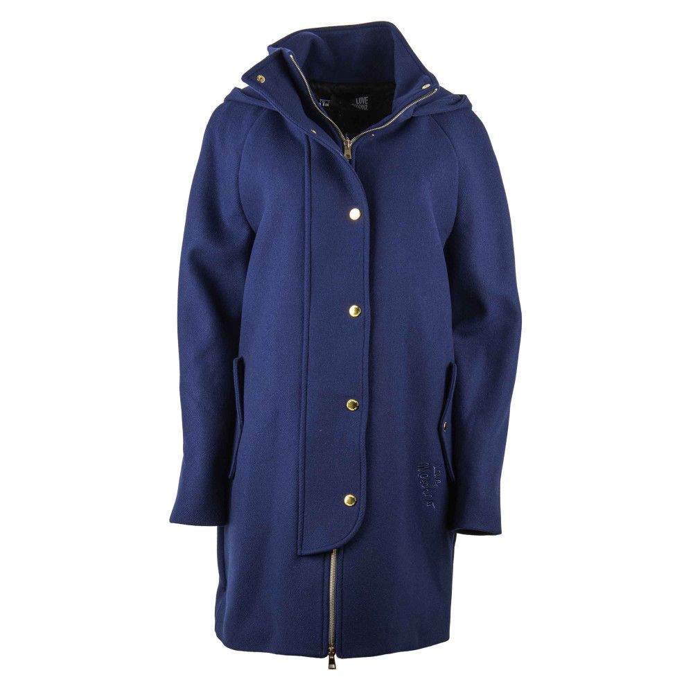 Captivating blue Love Moschino wool coat with sleek hood and golden buttons zipped securely for a stylish winter wardrobe essential