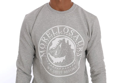 Gray crewneck sweater with whimsical Morellosaurs motif