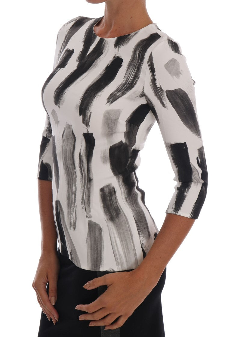 Italian chic black and white striped stretch blouse with painted stripes print