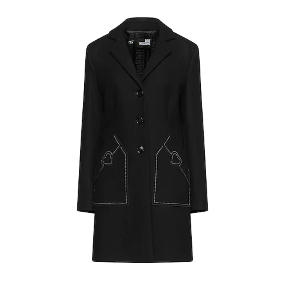 Love Moschino Black Wool Women Coat with Button Closure and Heart Embroidery