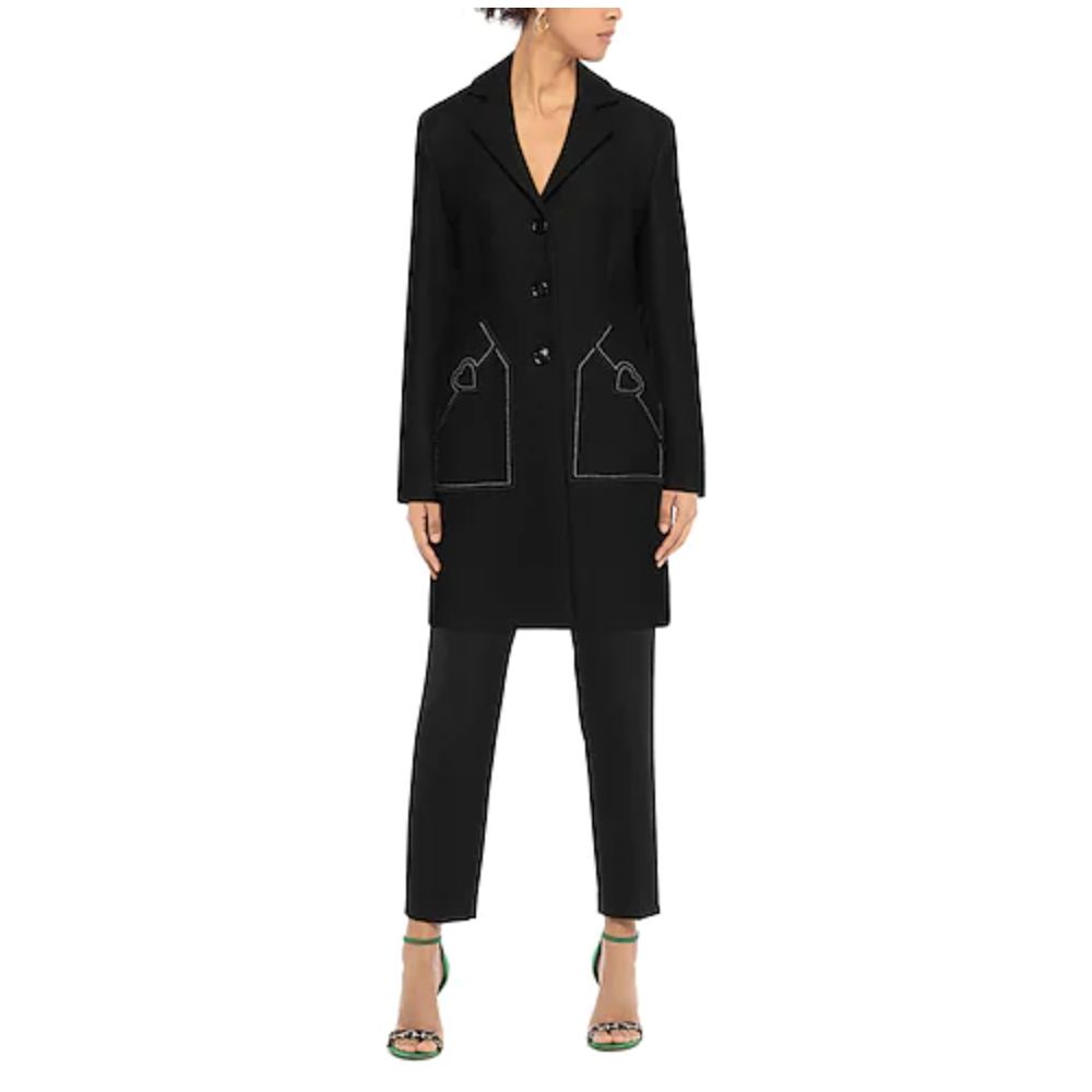 Luxurious Black Wool Coat with Signature Heart Embroidery and 2-Pocket Design