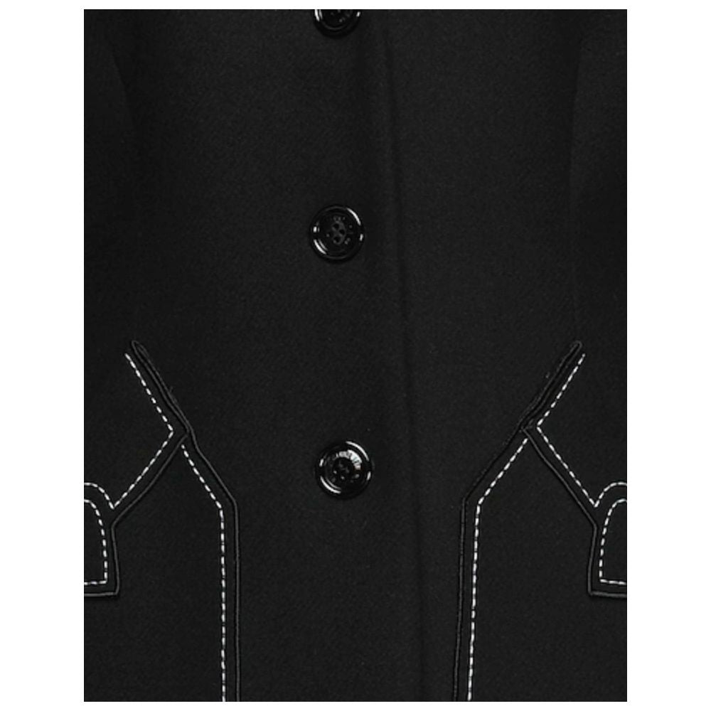 Elegant Love Moschino Black Wool Coat with Button Closure and Heart Embroidery
