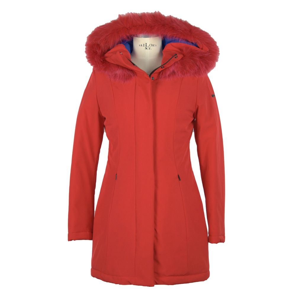 Luxurious pink parka with zipper front pockets and inside pocket