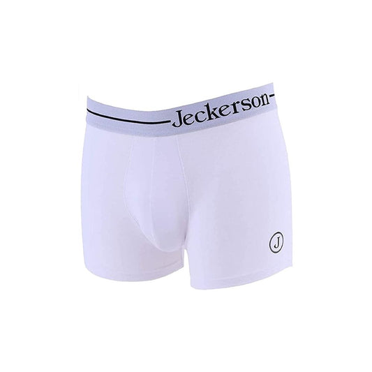 Jeckerson white cotton men boxer with bold logo print and branded elastic band