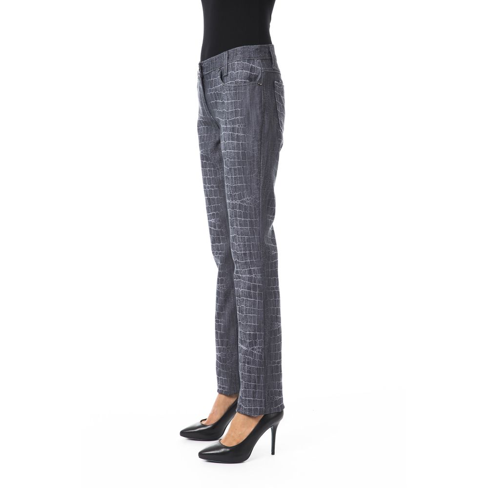 Italian Tailored Black Viscose Pants with BYBLOS Button and Croc Print Texture