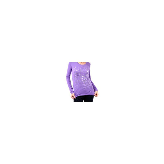 Montana Blu Purple Cotton Women Top with round neck and long sleeves, adorned with eye-catching prints and dazzling embellished logo, offering luxurious comfort and a touch of glamour to casual ensembles