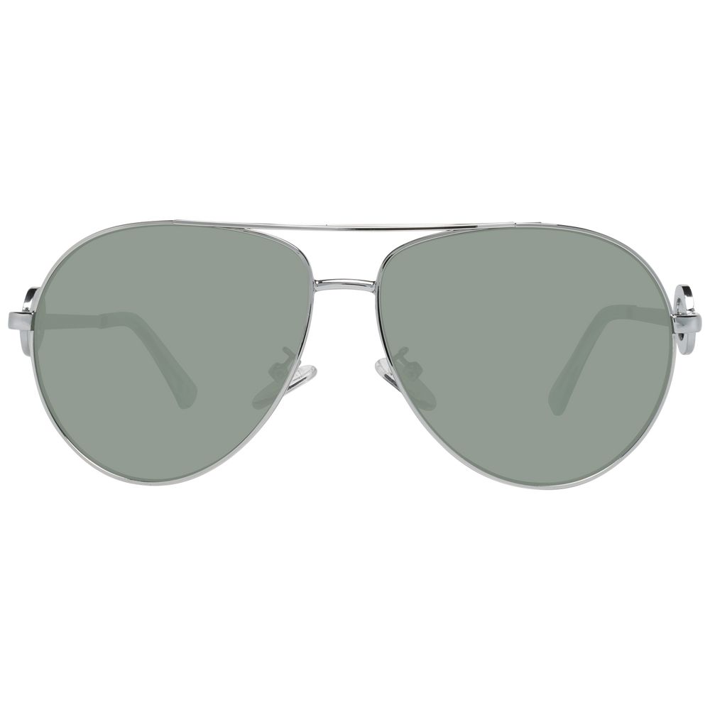 Silver framed women's sunglasses with grey plastic lenses and full-rim design