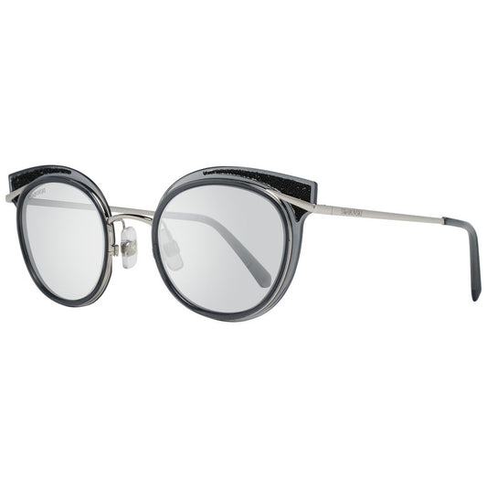 Close-up of Swarovski Gray Women Sunglasses with Silver Mirrored Lenses and Oval Metal Frame