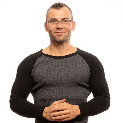Men's red half-rim optical frames with demo glasses lenses and springless hinges