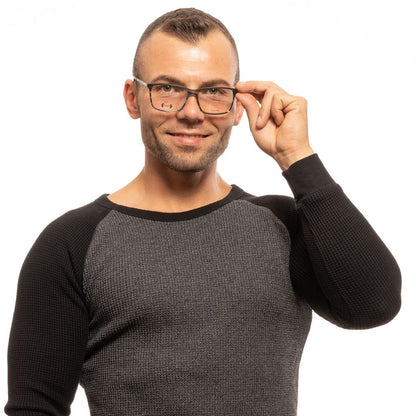 Branded case included with plastic gray men's optical frames