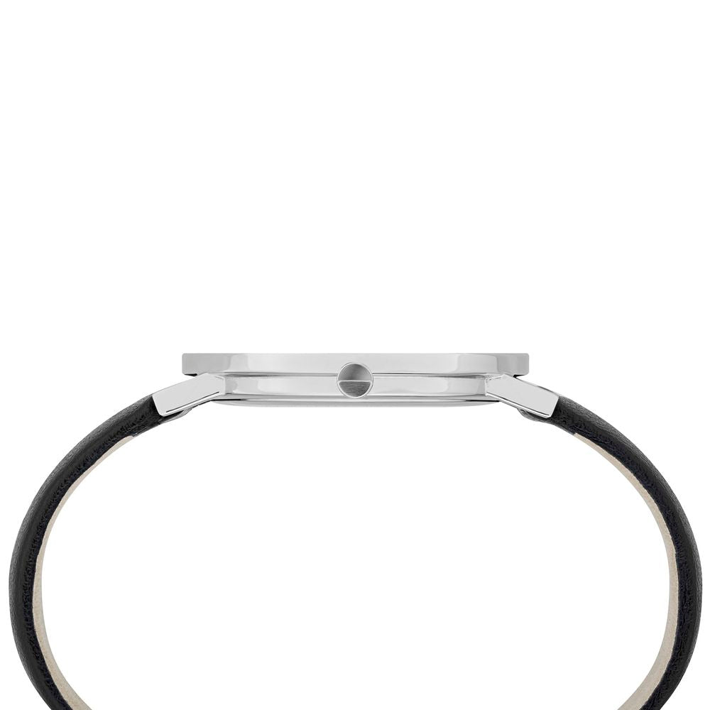 Silver Women Watch with Black Leather Wristband and Stainless Steel Case
