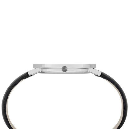 Silver Women Watch with Black Leather Wristband and Stainless Steel Case