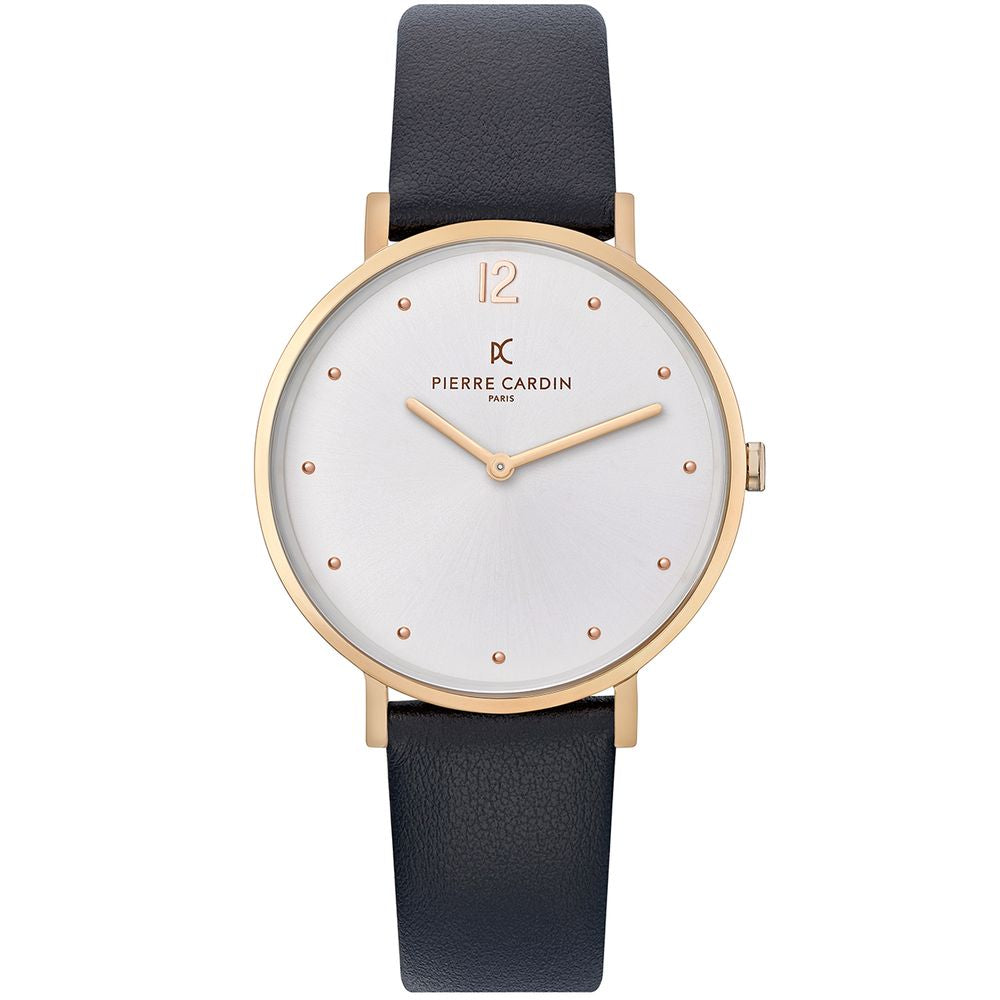 Pierre Cardin Rose Gold Women Watch with black leather wristband and pin buckle closure