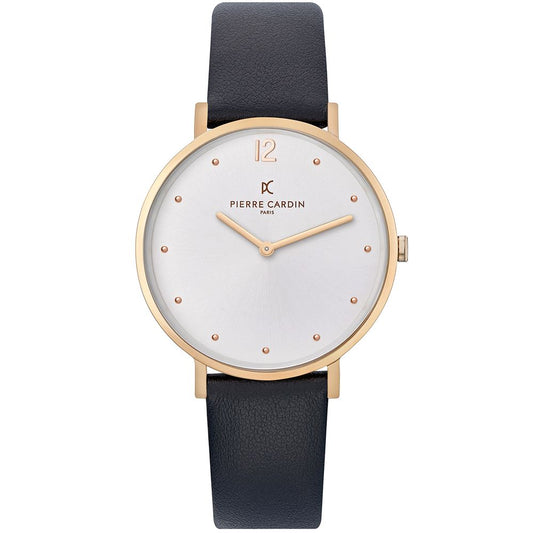 Pierre Cardin Rose Gold Women Watch with black leather wristband and pin buckle closure