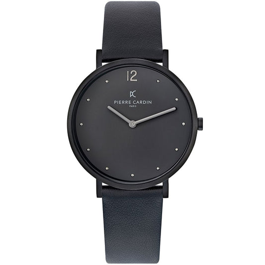 Pierre Cardin Black Women Watch with black leather wristband and pin buckle closure