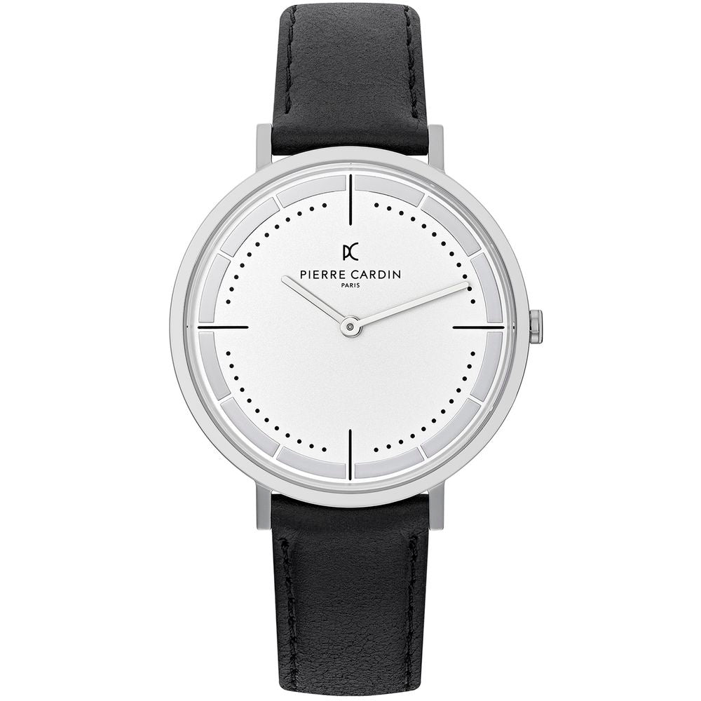 Men's stainless steel Pierre Cardin silver watch with black leather wristband