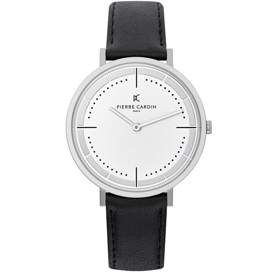 Men's stainless steel Pierre Cardin silver watch with black leather wristband