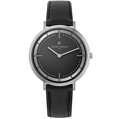 Pierre Cardin Silver Men Watch with Leather Black Wristband and Pin Buckle Closure