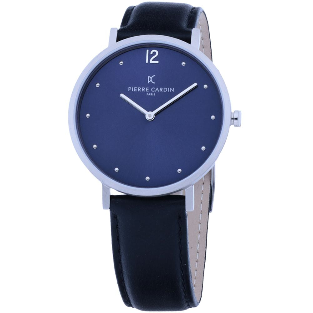 Pierre Cardin Silver Women Watch with Black Leather Wristband and Pin Buckle Closure