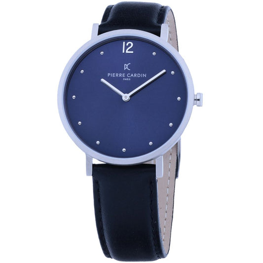 Pierre Cardin Silver Women Watch with Black Leather Wristband and Pin Buckle Closure