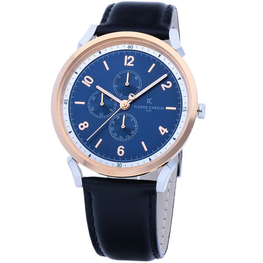 Pierre Cardin Silver Men Watch with Leather Black Wristband and Pin Buckle Closure
