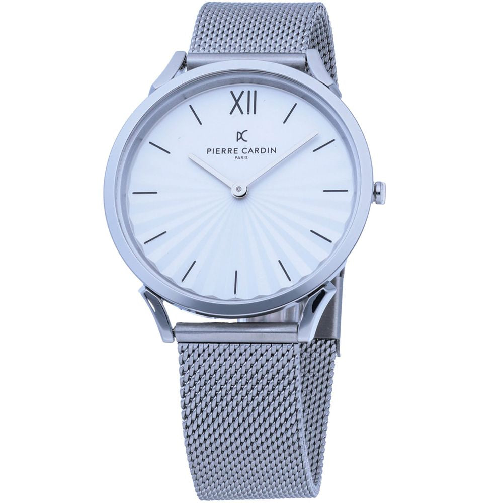 Silver stainless steel men's watch by Pierre Cardin with classic and elegant style, white display, quartz battery clockwork, and 3 ATM water resistance