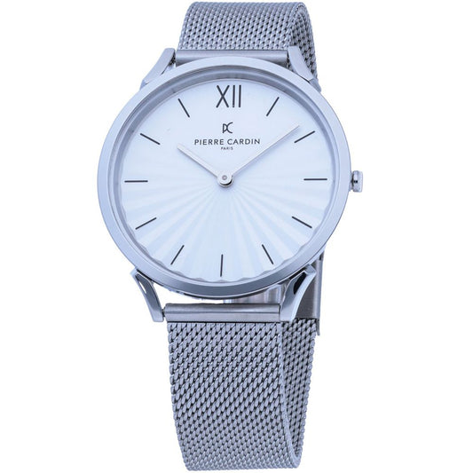 Silver stainless steel men's watch by Pierre Cardin with classic and elegant style, white display, quartz battery clockwork, and 3 ATM water resistance