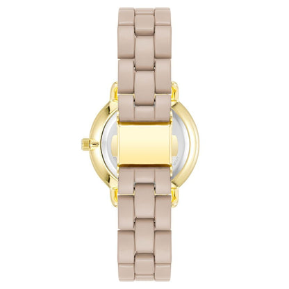 Analog Gold Women's Watch with Beige Metal Wristband and Folding Clasp Closure