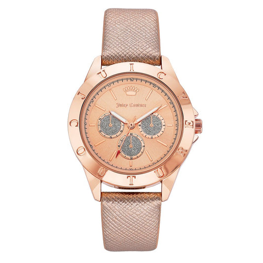 Rose gold women's watch with quartz battery, analog display, pin buckle closure, and leatherette wristband in a fashion style