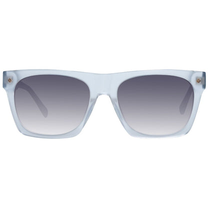 Stylish trapezium-shaped gray sunglasses for women with purple gradient lenses