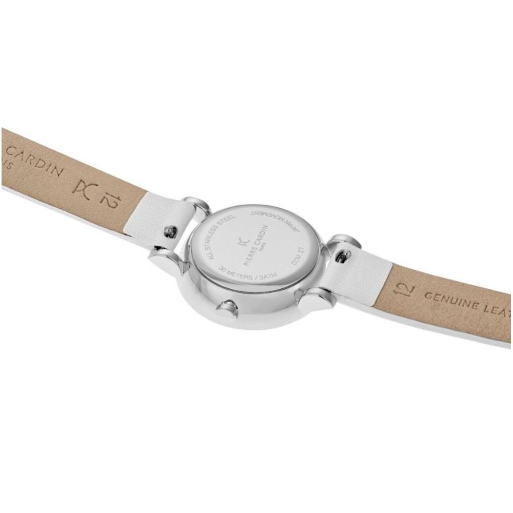 Classic and elegant silver women's watch with white leather wristband