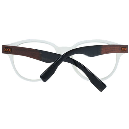 Close-up of demo glasses lenses in transparent men's frames