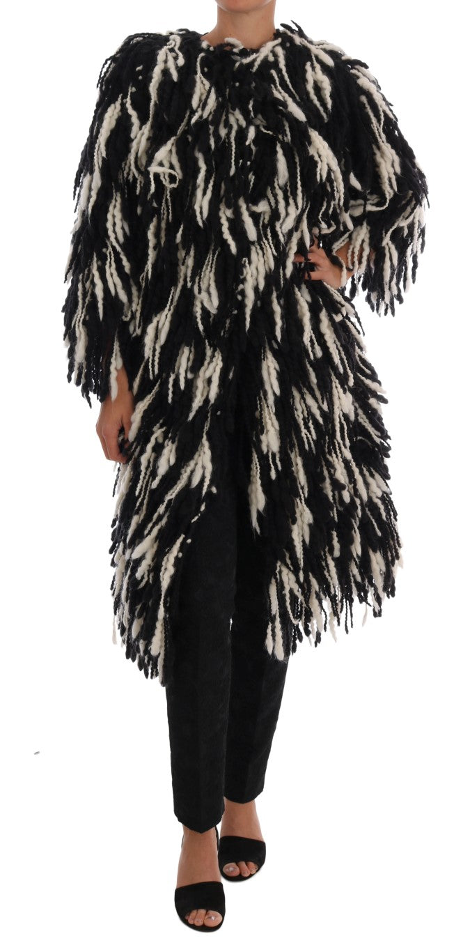 Dolce & Gabbana Black and White Fringed Wool Coat Jacket with Striking Design and Timeless Elegance