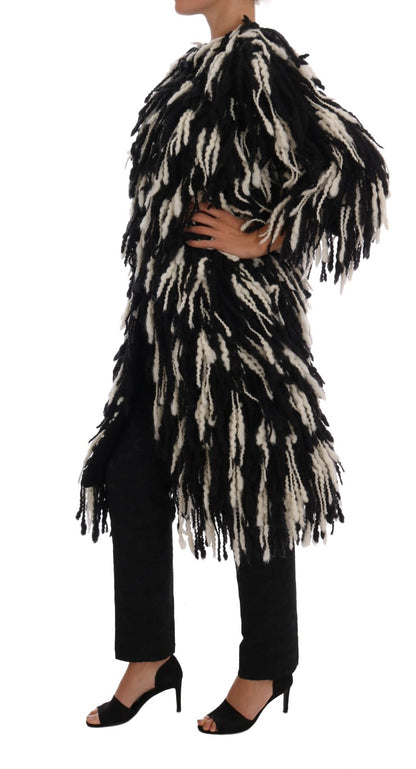 Dolce & Gabbana Black and White Fringed Wool Coat Jacket with elegant design and luxurious feel
