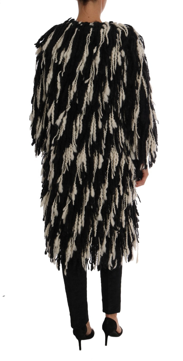 Black and white wool coat jacket with fringed details by Dolce & Gabbana
