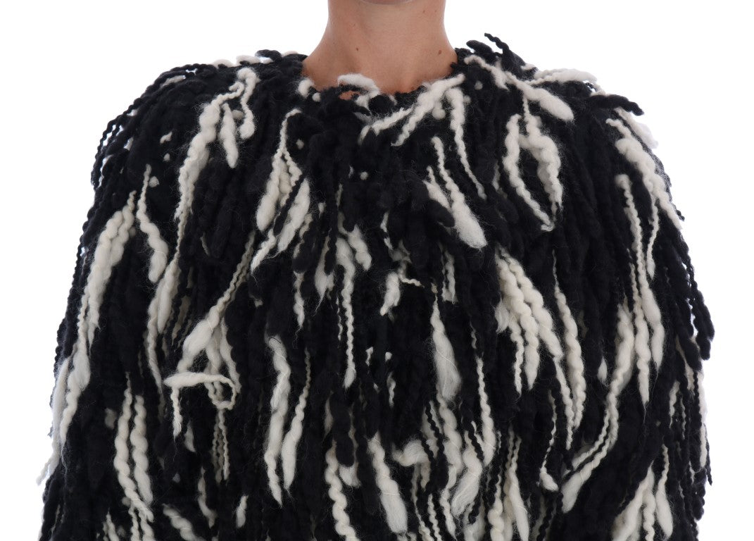 Dolce & Gabbana Black and White Fringed Wool Coat Jacket with Classic Design