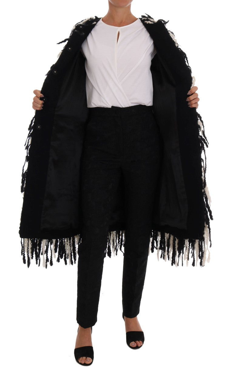 Dolce & Gabbana Black and White Fringed Wool Coat Jacket with Stylish Fringe Detail