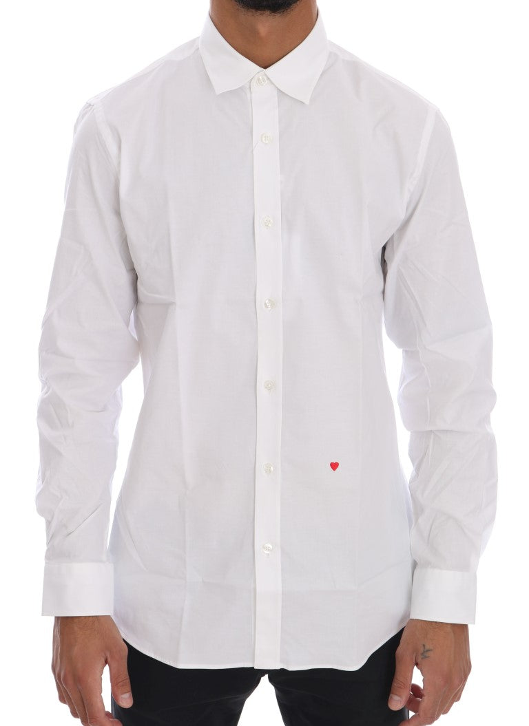 Moschino Elegant White Slim-Fit Cotton Shirt with red heart embroidery