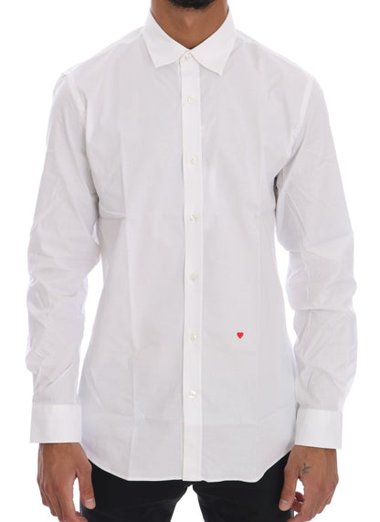 Moschino Elegant White Slim-Fit Cotton Shirt with red heart embroidery