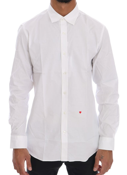Moschino Elegant White Slim-Fit Cotton Shirt with red heart embroidery