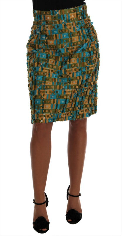 Dolce & Gabbana Elegant Green Jacquard High Waist Skirt in Multicolor with Vibrant Pattern and Green Silk Stretch Lining