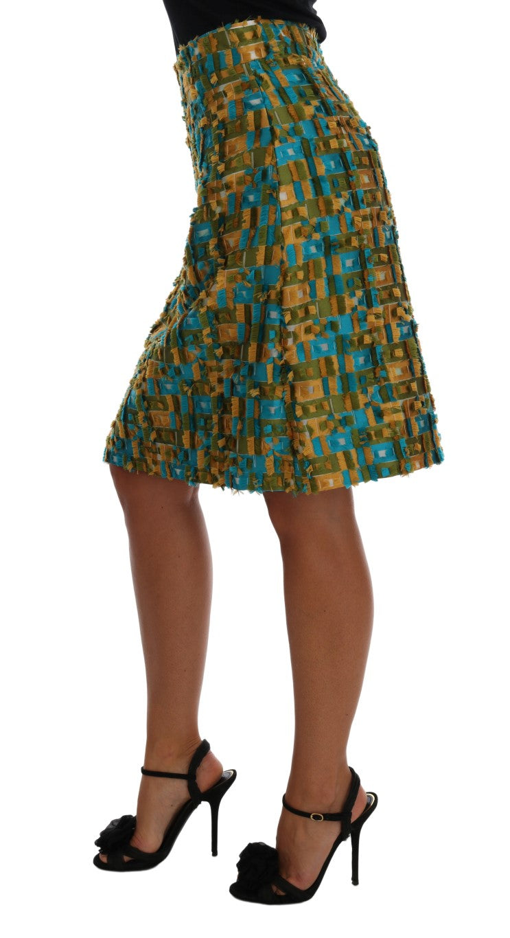 Italian-made Dolce & Gabbana High Waist Pencil Skirt with Exquisite Green Jacquard and Multicolor Pattern