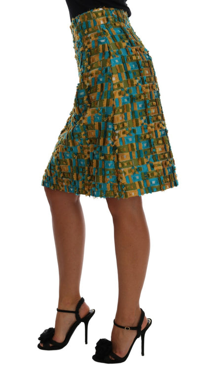 Italian-made Dolce & Gabbana High Waist Pencil Skirt with Exquisite Green Jacquard and Multicolor Pattern