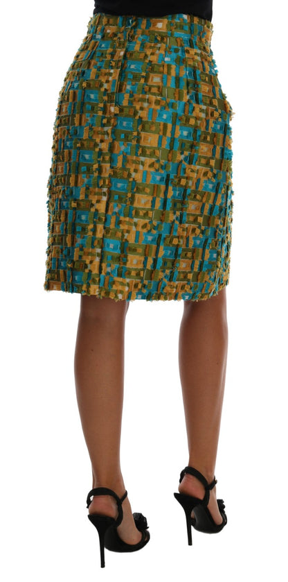 Luxurious Green Silk Stretch Lined Dolce & Gabbana High Waist Skirt with Vibrant Multicolor Pattern