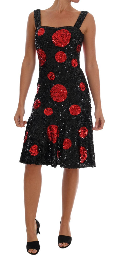 Dolce & Gabbana Elegant Polka Dotted Shift Dress in Black and Red Polka Dotted Design with Sicily Motive and Full Zipper Closure Made in Italy 