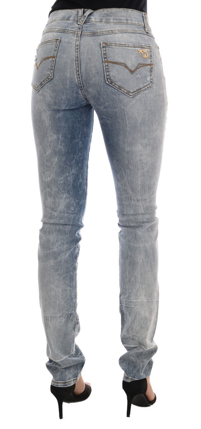 Versace Jeans Chic Light Blue Torn Slim Fit Jeans close-up of torn design